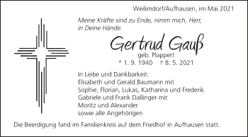 Traueranzeige von Gertrud Gauß von Bopfinger Stadtanzeiger