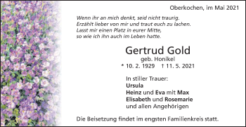Traueranzeige von Gertrud Gold von Schwäbische Post