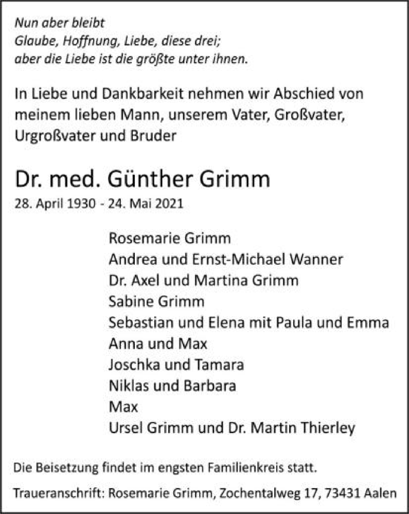  Traueranzeige für Günther Grimm vom 27.05.2021 aus Schwäbische Post