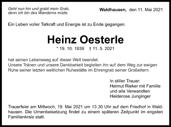 Traueranzeige von Heinz Oesterle von Gmünder Tagespost