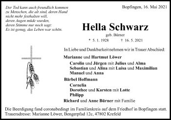 Traueranzeige von Hella Schwarz von Schwäbische Post