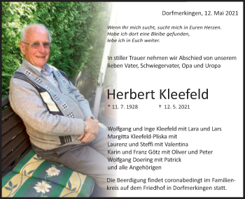 Traueranzeige von Herbert Kleefeld von Schwäbische Post