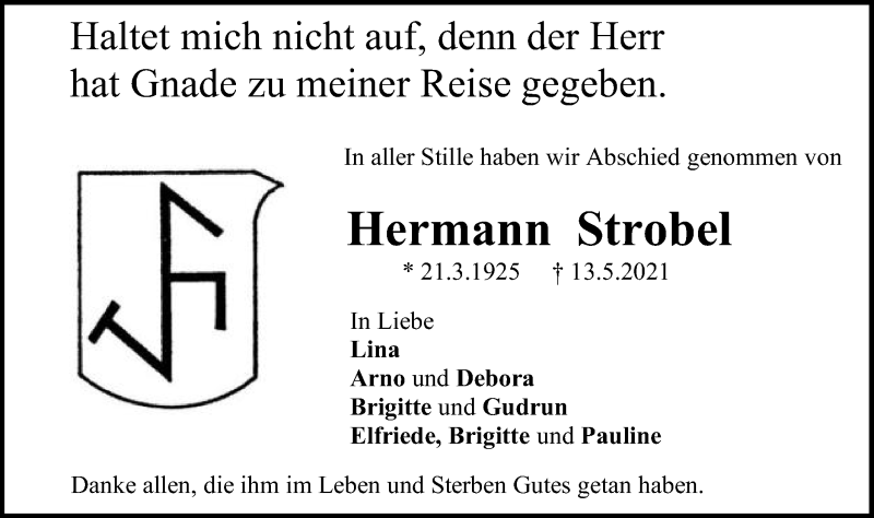  Traueranzeige für Hermann Strobel vom 20.05.2021 aus Gmünder Tagespost