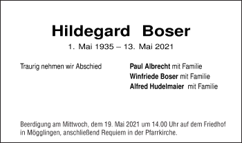Traueranzeige von Hildegard Boser von Schwäbische Post