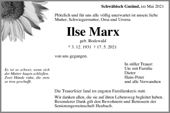 Traueranzeige von Ilse Marx von Gmünder Tagespost