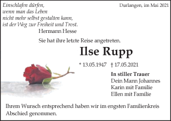 Traueranzeige von Ilse Rupp von Gmünder Tagespost