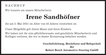 Traueranzeige von Irene Sandhäfner von Gmünder Tagespost