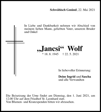 Traueranzeige von Jancsi Wolf von Gmünder Tagespost