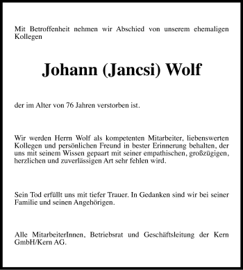 Traueranzeige von Johann  Wolf