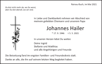 Traueranzeige von Johannes Hailer von Schwäbische Post