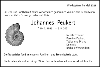 Traueranzeige von Johannes Peukert von Gmünder Tagespost