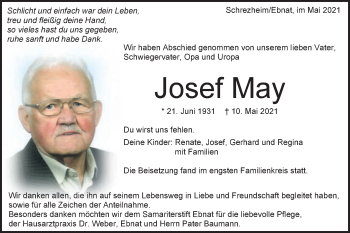 Traueranzeige von Josef May von Schwäbische Post
