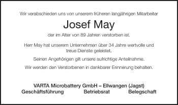Traueranzeige von Josef May von Schwäbische Post