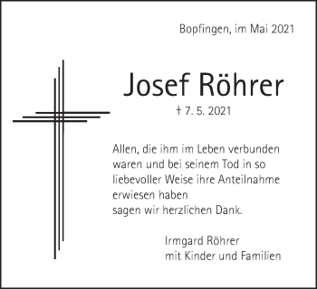Traueranzeige von Josef Röhrer von Schwäbische Post
