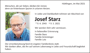Traueranzeige von Josef Starz von Schwäbische Post