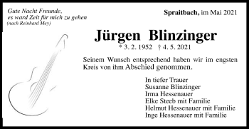 Traueranzeige von Jürgen Blinzinger von Gmünder Tagespost