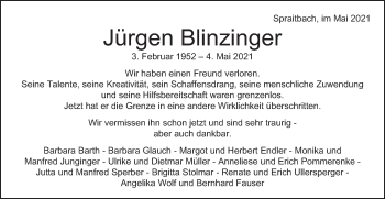 Traueranzeige von Jürgen Blinzinger von Gmünder Tagespost