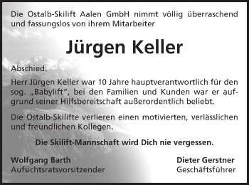Traueranzeige von Jürgen Keller von Schwäbische Post