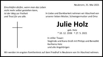 Traueranzeige von Julie Holz von Schwäbische Post