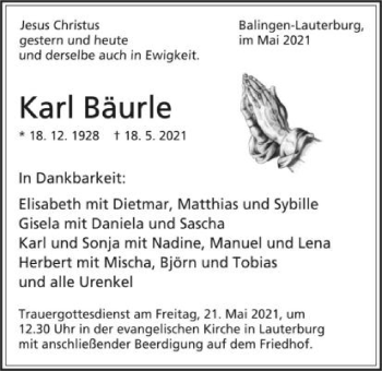 Traueranzeige von Karl Bäurle von Schwäbische Post