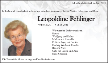 Traueranzeige von Leopoldine Fehlinger von Gmünder Tagespost