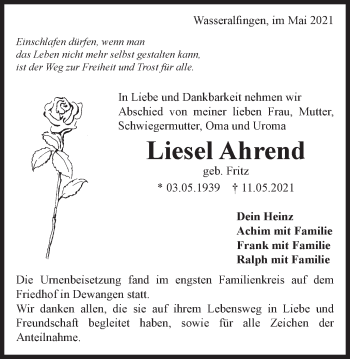 Traueranzeige von Liesel Ahrend von Schwäbische Post