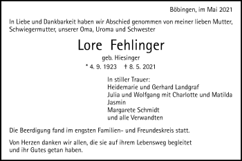 Traueranzeige von Lore Fehlfinger von Gmünder Tagespost