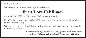 Traueranzeige von Lore Fehlinger von Gmünder Tagespost