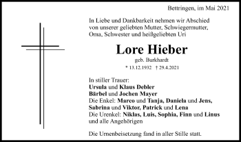 Traueranzeige von Lore Hieber von Gmünder Tagespost