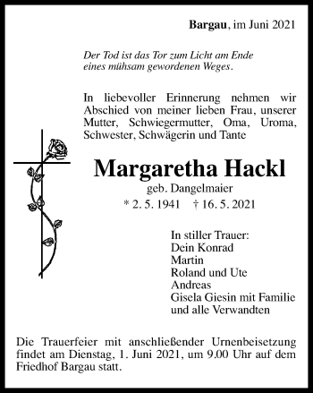 Traueranzeige von Margaretha Hackl von Gmünder Tagespost