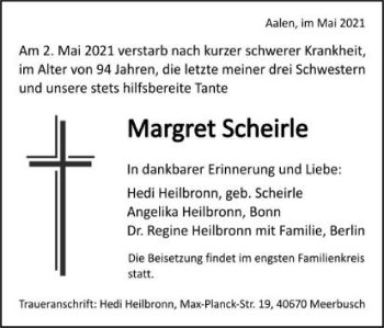 Traueranzeige von Margret Scheirle von Schwäbische Post