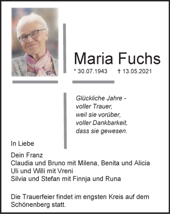 Traueranzeige von Maria Fuchs von Schwäbische Post