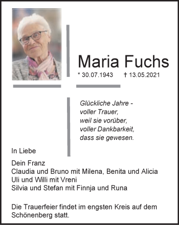 Traueranzeige von Maria Fuchs