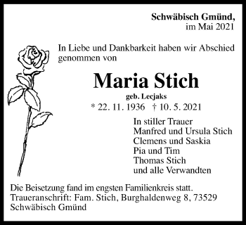 Traueranzeige von Maria Stich von Gmünder Tagespost