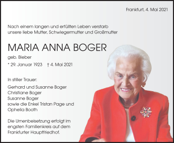 Traueranzeige von Maria Anna Boger von Schwäbische Post
