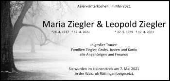 Traueranzeige von Maria und Leopold Ziegler von Schwäbische Post