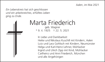 Traueranzeige von Marta Friederich von Schwäbische Post