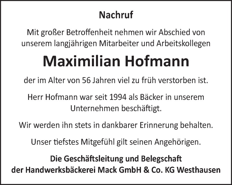  Traueranzeige für Maximilian Hofmann vom 14.05.2021 aus Schwäbische Post