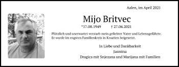 Traueranzeige von Mijo Britvec von Schwäbische Post