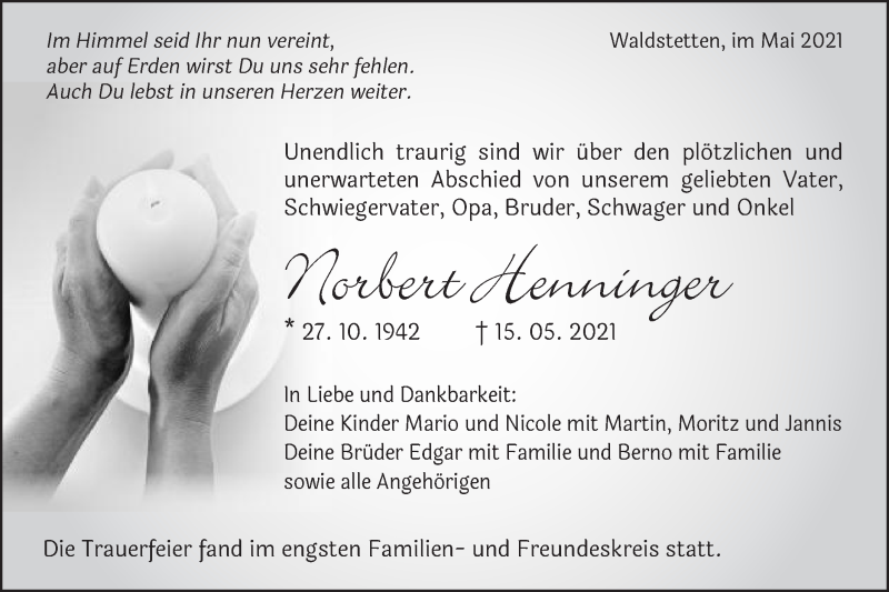  Traueranzeige für Norbert Henninger vom 21.05.2021 aus Gmünder Tagespost
