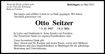 Traueranzeige von Otto Seitzer von Gmünder Tagespost