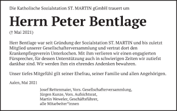 Traueranzeige von Peter Bentlage von Schwäbische Post