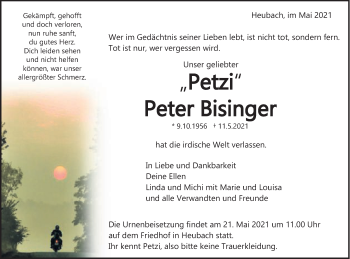 Traueranzeige von Peter Bisinger von Gmünder Tagespost
