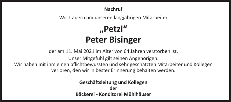  Traueranzeige für Peter Bisinger vom 20.05.2021 aus Gmünder Tagespost