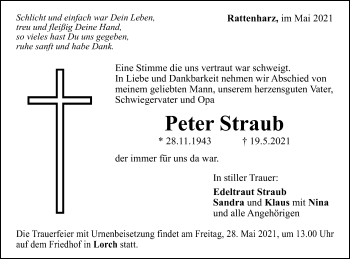 Traueranzeige von Peter Straub von Gmünder Tagespost