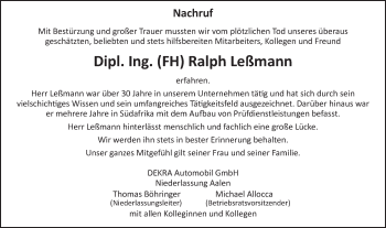 Traueranzeige von Ralph Leßmann von Schwäbische Post