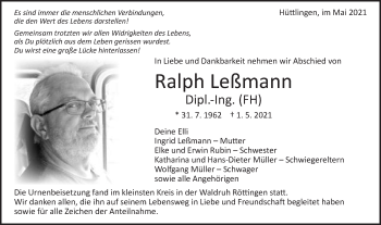 Traueranzeige von Ralph Leßmann von Schwäbische Post