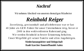Traueranzeige von Reinhold Reiger von Schwäbische Post