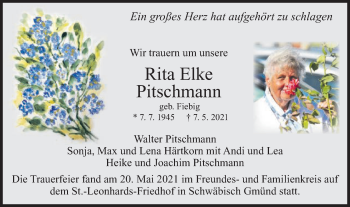 Traueranzeige von Rita Elke Pitschmann von Gmünder Tagespost