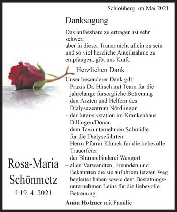 Traueranzeige von Rosa-Maria Schönmetz von Bopfinger Stadtanzeiger